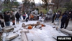 Collapsed torii gate caused by an earthquake is seen at Onohiyoshi Shrine in Kanazawa, Ishikawa prefecture, Japan January 1, 2024, in this photo released by Kyodo. 