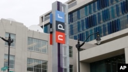 FILE - The headquarters for National Public Radio (NPR) stands on North Capitol Street in Washington, DC.