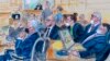 FILE - This artist sketch depicts the trial of Oath Keepers leader Stewart Rhodes, center, and four others charged with seditious conspiracy in the Jan. 6, 2021, Capitol attack, in Washington, Oct. 6, 2022. 