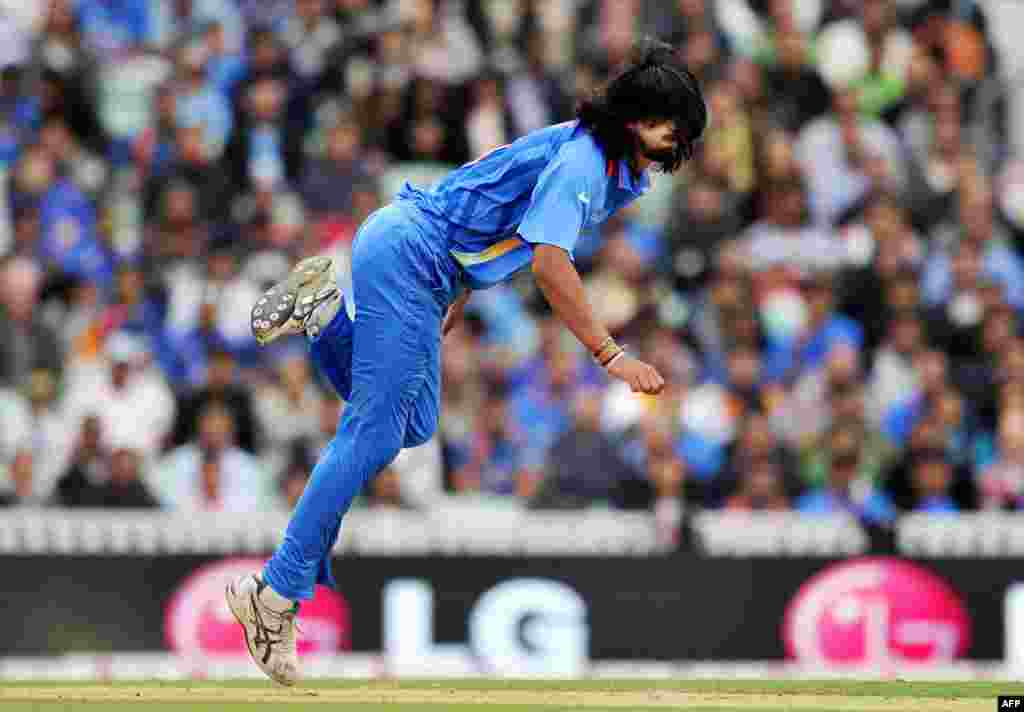 India's Ishant Sharma bowls during the 2013 ICC Champions Trophy cricket match between India and West Indies at The Oval in London.