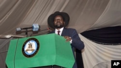 FILE - South Sudan President Salva Kiir voices his reservations before signing a peace deal in the capital Juba, South Sudan, Aug. 26, 2015. 