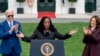 Jij Ketanji Brown Jackson, akonpaye pa Prezidan Joe Biden ak Vis Prezidan Kamala Harris, pale pandan yon seremoni nan lakou Lamezonblanch la nan Washington, Vandredi 8 Avril, 2022. 