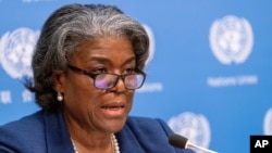 FILE - U.S. Ambassador to the United Nations, Linda Thomas-Greenfield speaks to reporters during a news conference at United Nations headquarters.