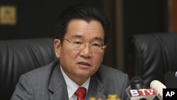 Kun Nhim, general director of Cambodia's General Department of Customs and Excise of the Ministry of Economy and Finance, gives a press conference, in Phnom Penh, Cambodia, Tuesday, July 30, 2019.