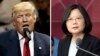 FILE - This combination of two photos shows U.S. President-elect Donald Trump speaking during a "USA Thank You" tour event in Cincinatti, Dec. 1, 2016, and Taiwan's President Tsai Ing-wen, delivering a speech during National Day celebrations in Taipei, Taiwan, Oct. 10, 2016. Trump spoke Dec. 2, with Tsai, a move that will be sure to anger China.