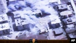 FILE - Lt. Gen. Sergei Rudskoi of the Russian military's General Staff speaks at a briefing at the Russian Defense Ministry's headquarters in Moscow, Russia.