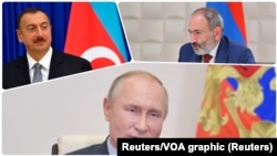 Presiden Azerbaijan Ilham Aliyev, Perdana Menteri Armenia Nikol Pashynyan dan Presiden Rusia Vladimir Putin. (Foto: Reuters)