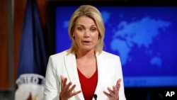 State Department spokeswoman Heather Nauert, shown during a briefing in Washington on Aug. 9, 2017, reaffirmed the U.S. position on a snap Venezuela election saying Thursday, “This vote would be neither free nor fair. It would only deepen, not help resolve, national tensions."