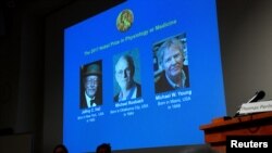Jeffrey C. Hall, Michael Rosbash et Michael W. Young sont dévoilés lors d'une conférence de presse à Stockholm,Suède, le 2 octobre 2017. 