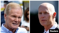 FILE - U.S. Senator Bill Nelson (L) speaks in Orlando, Florida, U.S., June 12, 2016 and Florida Governor Rick Scott appears in Washington, DC, U.S., Sept. 29, 2017 respectively.