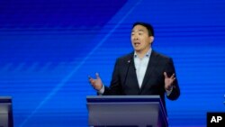 Democratic presidential candidate entrepreneur Andrew Yang gives his closing statement, Sept. 12, 2019, during a Democratic presidential primary debate hosted by ABC at Texas Southern University in Houston. 