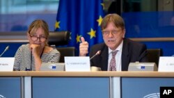 Le coordonnateur du parlement européen sur le Brexit, Guy Verhofstadt, lors d’une réunion à Bruxelles, Belgique, 30 août 2017.