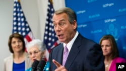 House Speaker John Boehner of Ohio, joined by members of the Republican Caucus, demands that the White House and congressional Democrats negotiate with congressional Republicans, Oct. 4, 2013.