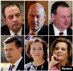 FILE - A combination photo shows former staff of President Donald Trump's White House who have left for other jobs, top row, left to right: Chief of Staff Reince Preibus, top economic adviser Gary Cohn, Deputy Chief of Staff Rick Dearborn; bottom row, left to right: Staff Secretary Rob Porter, deputy national security advisers Dina Powell and K.T. McFarland.