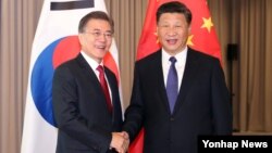 문재인 한국 대통령(왼쪽)과 시진핑 중국 국가주석이 지난달 6일 독일 베를린에서 열린 정상회담에서 악수하고 있다.