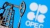FILE - An oil pump in front of an OPEC logo