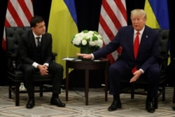 FILE - U.S. President Donald Trump speaks during a bilateral meeting with Ukraine's President Volodymyr Zelenskiy on the sidelines of the 74th session of the U.N. General Assembly, in New York, Sept. 25, 2019.