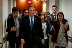 FILE - House Intelligence Committee Chairman Rep. Adam Schiff leaves a secure area where he was taking part in the House impeachment inquiry into President Donald Trump, on Capitol Hill, Oct. 23, 2019.
