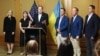 Посолка США в Україні Бріджет Брінк (ліворуч) та делегація конгресменів США - Бетті Макколум, Майк Тернер, Ронні Джексон, Джон Джойс, Тоні Гонсалес під час пресконференції у Києві 1 липня 2024 року. Фото: Anatolii Stepanov/AFP