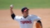 Letters reading "Corona 19 Out" is seen on the cap of LG Twins baseball team's pitcher Jeong Chan-heon as a part of campaign to overcome the coronavirus during an intrasquad baseball game in Seoul, South Korea, April 5, 2020. 