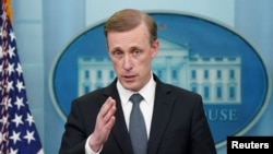 Jake Sullivan, conseiller à la sécurité nationale du président américain, lors d'une conférence de presse à la Maison Blanche.