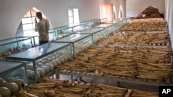 Mike Nkuzumuwami stands by the rows of human skulls and bones that form a memorial to those who died in the redbrick church that was the scene of a massacre during the 1994 genocide, and which he helps to look after, in the village of Nyarubuye, eastern R