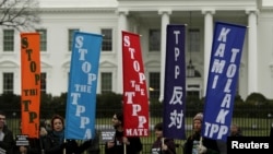 反对TPP的人士在白宫外集会抗议。（2016年2月3日）