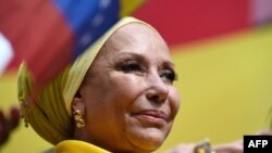 La exsenadora colombiana, Piedad Córdoba, participa en una manifestación de apoyo al gobierno de Venezuela y al foro izquierdista de Sao Paulo, en Caracas, el 27 de julio de 2019.