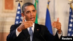 President Barack Obama speaks during a news conference with Italian Prime Minister Matteo Renzi (not pictured) following their meeting in Rome March 27, 2014.